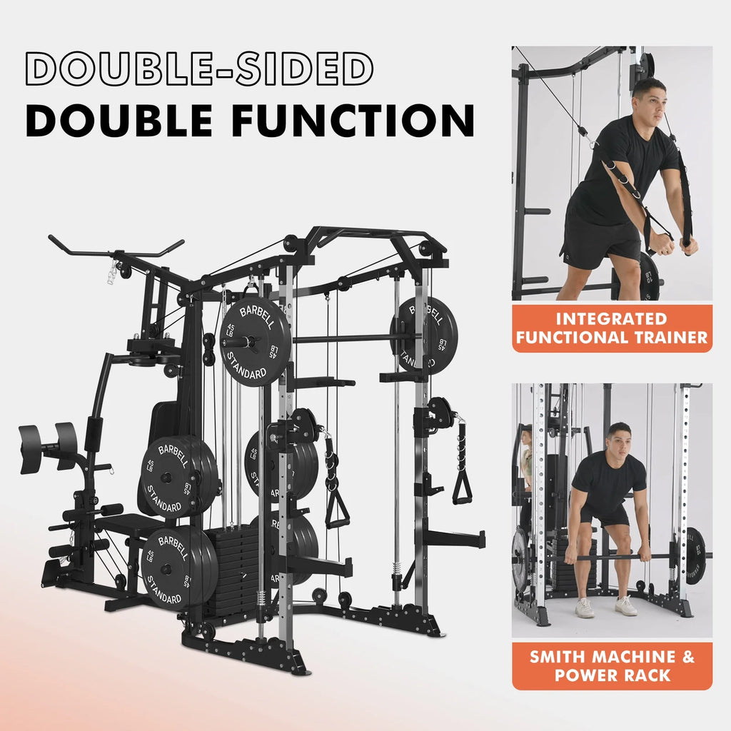 Smith Machine Power Cage, Multi-Function Home Gym System with Cable Crossover, 121LB Weight Stack