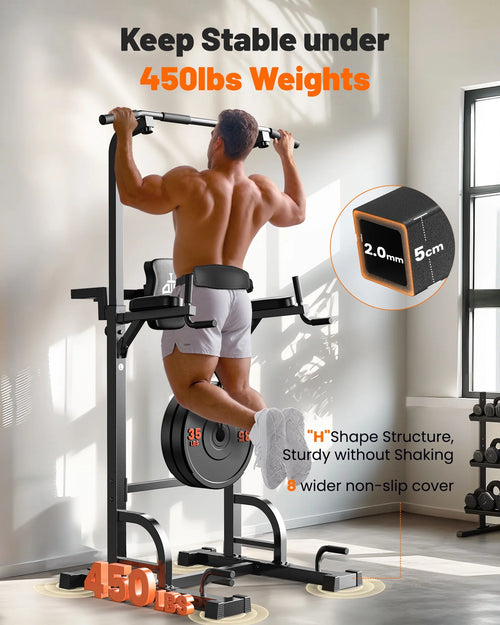 Adjustable Power Tower 400Lbs Max Weight Dip Station Pull up Bar Power Rack Push up Resistance Band for Home Gym